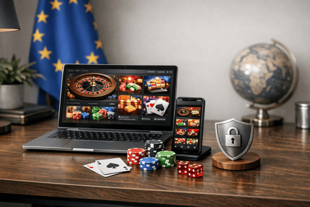 Ein modernes Editorial-Foto zeigt einen eleganten Schreibtisch mit Laptop, Smartphone, Spielchips, Karten und einem diskreten Sicherheitssymbol. Die Szene vermittelt den Kontrast zwischen regulierten und internationalen casinos ohne oasis, mit Fokus auf Privatsphäre, Eigenverantwortung und digitalem Glücksspiel in einer hochwertigen EU-Atmosphäre.